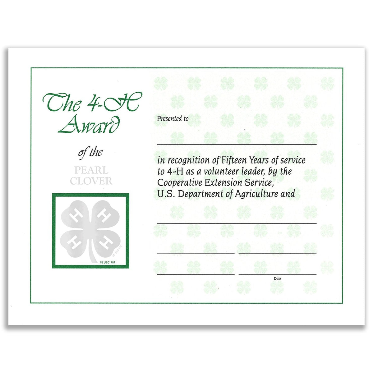 15 Year Recognition Certificate - Shop 4-H