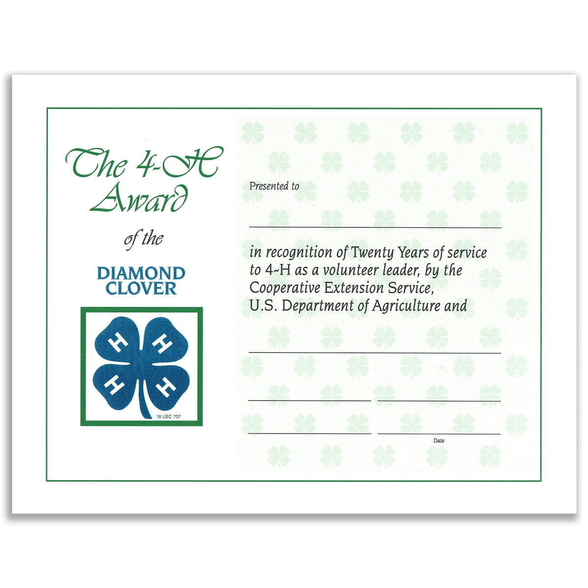 20 Year Recognition Certificate - Shop 4-H