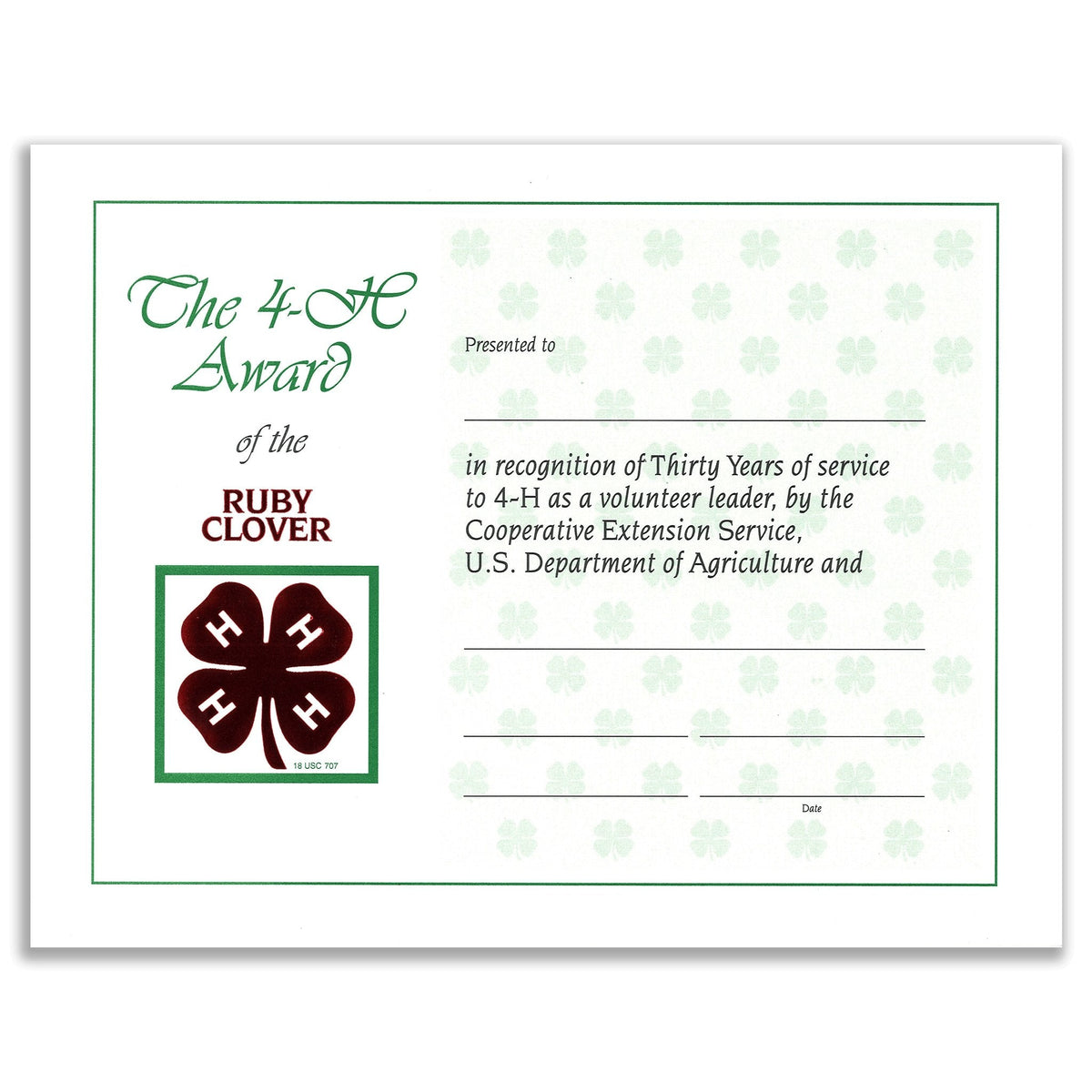 30 Year Recognition Certificate - Shop 4-H